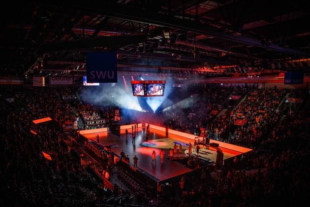 Neu Ulm, Deutschland, 01.04.26: Innenansicht waehrend des Basketball Bundesliga Spiels zwischen ratiopharm ulm vs Syntainics MBC in der ratiopharm Arena am 01. April 2026 in Neu Ulm, Deutschland. (Foto von Harry Langer DeFodi Images) ratiopharm Arena, Germany, 01.04.26: general view inside the stadium during the Basketball Bundesliga match between ratiopharm ulm vs Syntainics MBC at Neu Ulm on April 1, 2026 in ratiopharm Arena, Germany. (Photo by Harry Langer DeFodi Images) (Photo by Harry Langer DeFodi Images) -
