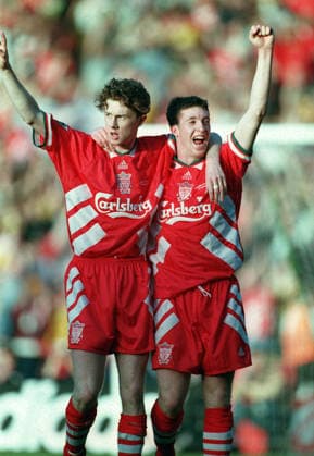 Bolton Wanderers V Liverpool, League Cup Final Steve Mcmanaman of Liverpool and Robbie Fowler of Liverpool celebrate during the League Cup Final match between Bolton Wanderers and Liverpool at Wembley Stadium on April 2, 1995 in London, England. London Wembley Stadium England United Kingdom Copyright: xAllstarxPicturexLibraryxLtdx