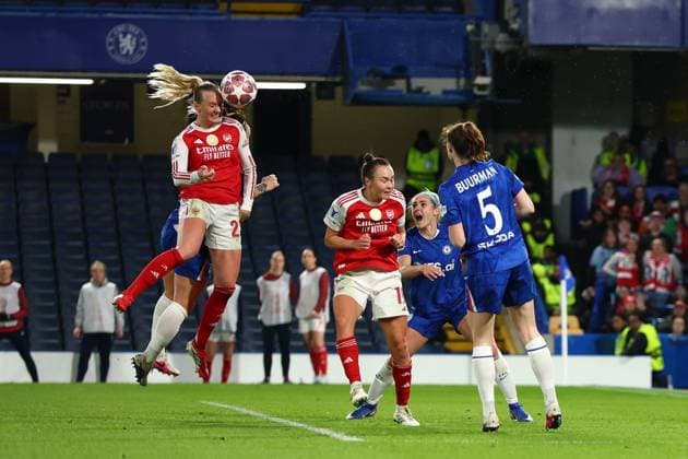 Stina Blackstenius of Arsenal Women scoring a goal but is ruled offside by VAR Chelsea Women v Arsenal Women, UEFA Women s Champions League, Quarter Final, Second Leg, Football, Stamford Bridge, London, UK - 01 Apr 2026London Stamford Bridge United Kingdom EDITORIAL USE ONLY No use with unauthorised audio, video, data, fixture lists, club league logos or live services. Online in-match use limited to 120 images, no video emulation. No use in betting, games or single club league player publications.  Copyright: xSimonxDael Shutterstockx 16808990w