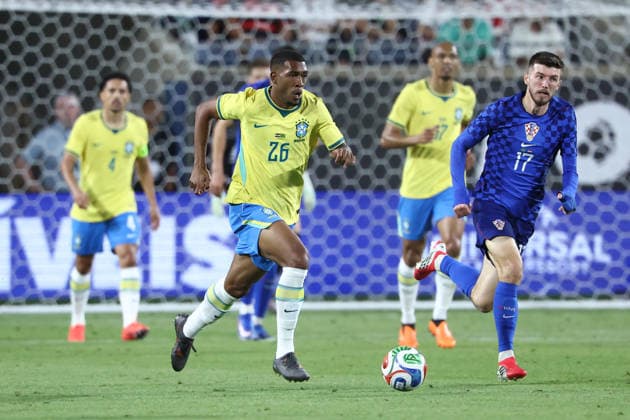 ORLANDO, FL - MARCH 31:Brazil forward Rayan (26) races downfield with the ball in the second half during the match between Brazil and Croatia on Tuesday, March 31, 2026 at Camping World Stadium in Orlando, FL. (Photo by Peter Joneleit Icon Sportswire) SOCCER: MAR 31 Road to 26 Brazil vs Croatia EDITORIAL USE ONLY Icon260331041