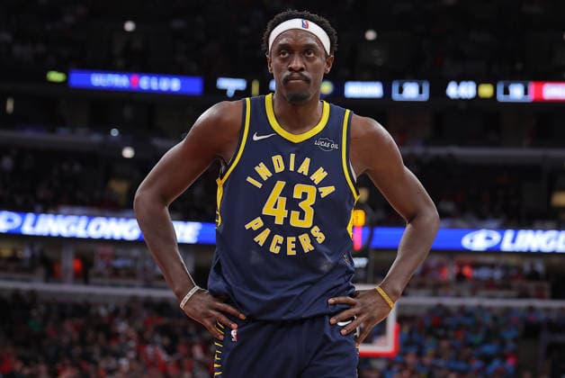 CHICAGO, IL - APRIL 01: Pascal Siakam 43 of the Indiana Pacers looks on during the first half against the Chicago Bulls on April 1, 2026 at the United Center in Chicago, Illinois. (Photo by Melissa Tamez Icon Sportswire) NBA, Basketball Herren, USA APR 01 Indiana Pacers at Chicago Bulls EDITORIAL USE ONLY Icon260401011