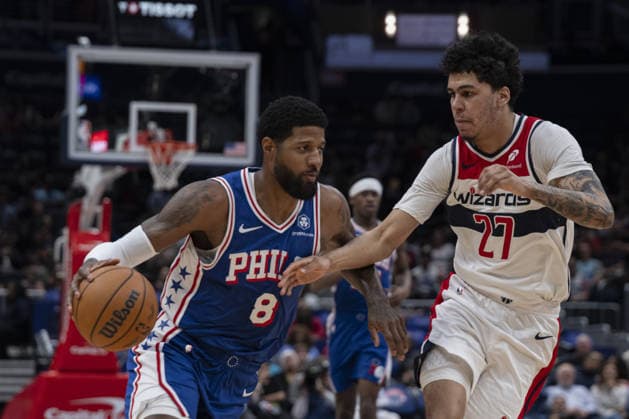 Philadelphia 76ers vs Washington Wizards - NBA, Basketball Herren, USA WASHINGTON DC, UNITED STATES - APRIL 1 : Will Riley (27) of Washington Wizards in action against Paul George (8) of Philadelphia 76ers during the NBA basketball game between Philadelphia 76ers and Washington Wizards at the Capital One Arena on April 1, 2026 in Washington DC, United States. Celal Gunes Anadolu Washington United States. Editorial use only. Please get in touch for any other usage.  Copyright: x2026xAnadoluxCelalxGunesx