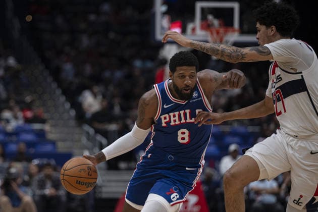Philadelphia 76ers vs Washington Wizards - NBA, Basketball Herren, USA WASHINGTON DC, UNITED STATES - APRIL 1 : Will Riley (27) of Washington Wizards in action against Paul George (8) of Philadelphia 76ers during the NBA basketball game between Philadelphia 76ers and Washington Wizards at the Capital One Arena on April 1, 2026 in Washington DC, United States. Celal Gunes Anadolu Washington United States. Editorial use only. Please get in touch for any other usage.  Copyright: x2026xAnadoluxCelalxGunesx
