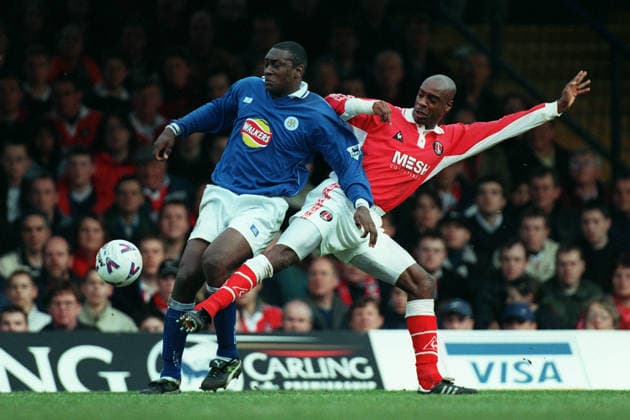 Leicester City V Charlton Athletic, Premier League Emile Heskey of Leicester City and Richard Rufus of Charlton Athletic challenge during the Premier League match between Leicester City and Charlton Athletic at Filbert Street on March 13, 1999 in Leicester, England. Leicester Filbert Street England United Kingdom Copyright: xAllstarxPicturexLibraryxLtdx
