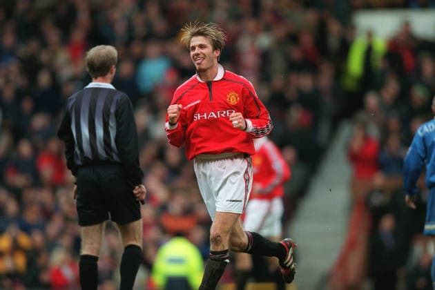 Manchester United, ManU V Everton, Premier League David Beckham of Manchester United celebrates during the Premier League match between Manchester United and Everton at Old Trafford on March 21, 1999 in Manchester, England. Manchester Old Trafford England United Kingdom Copyright: xAllstarxPicturexLibraryxLtdx