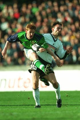 Northern Ireland V Germany, UEFA European Championship, EM, Europameisterschaft Group 3 Steve Lomas of Northern Ireland and Jens Nowotny of Germany challenge during the UEFA European Championship Group 3 match between Northern Ireland and Germany at Windsor Park on March 27, 1999 in Belfast, Northern Ireland . Belfast Windsor Park Northern Ireland United Kingdom Copyright: xAllstarxPicturexLibraryxLtdx