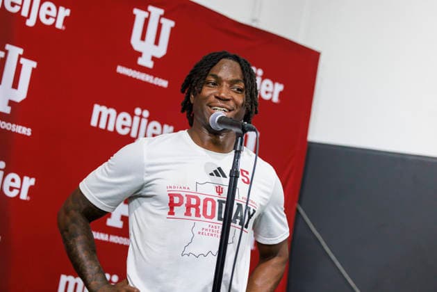 April 1, 2026, Bloomington, Indiana, United States: Indiana Hoosiers defensive back D Angelo Ponds (5) speaks to the media during NFL, American Football Herren, USA Pro Day. The Indiana Hoosiers held their NFL Pro Day, giving draft-eligible players the opportunity to showcase their skills in front of scouts, coaches, and executives from the National Football League. The event serves as a key step in the pre-draft process, allowing prospects to perform drills and position workouts to improve their chances ahead of the upcoming NFL Draft. Bloomington United States - ZUMAs197 20260401_aaa_s197_482 Copyright: xJeremyxHoganx