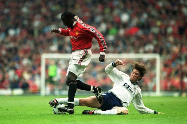 Manchester United, ManU V Tottenham Hotspur, Premier League Dwight Yorke of Manchester United and Darren Anderton of Tottenham Hotspur challenge during the Premier League match between Manchester United and Tottenham Hotspur at Old Trafford on May 16, 1999 in Manchester, England. Manchester Old Trafford England United Kingdom Copyright: xAllstarxPicturexLibraryxLtdx