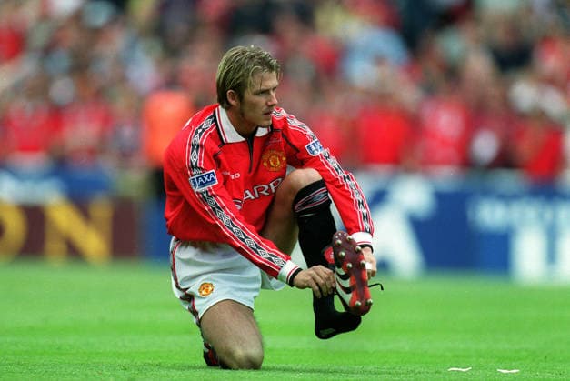 Manchester United, ManU V Newcastle United, FA Cup Final David Beckham of Manchester United puts his boot on during the FA Cup Final match between Manchester United and Newcastle United at Wembley Stadium on May 22, 1999 in London, England. London Wembley Stadium England United Kingdom Copyright: xAllstarxPicturexLibraryxLtdx