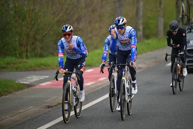 Belgian Remco Evenepoel of Red Bull-BORA-hansgrohe (L) pictured at a track reconaissance ahead of the Ronde van Vlaanderen Tour des Flandres Tour of Flanders cycling race, Thursday 02 April 2026. The 110th edition of the cycling race will take place on Sunday 05 April. DAVIDxPINTENS  x169576587x