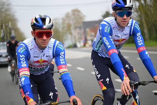Belgian Remco Evenepoel of Red Bull-BORA-hansgrohe (L) pictured at a track reconaissance ahead of the Ronde van Vlaanderen Tour des Flandres Tour of Flanders cycling race, Thursday 02 April 2026. The 110th edition of the cycling race will take place on Sunday 05 April. DAVIDxPINTENS  x169578200x
