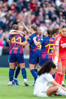 Spain-Football-Women Champions League - FC Barcelona, Barca v Real Madrid CF in Barcelona, Spain. Barcelona, Spain, 2, April, 2026. FC Barcelona player (10) Caroline Graham Hansen celebrates her score with (11) Alexia Putellas during Women Champions League match between FC Barcelona and Real Madrid CF in Spotify Camp Nou Stadium, Barcelona, Spain, on April 2, 2026. Barcelona Spotify Camp Nou Stadium Barcelona Spain