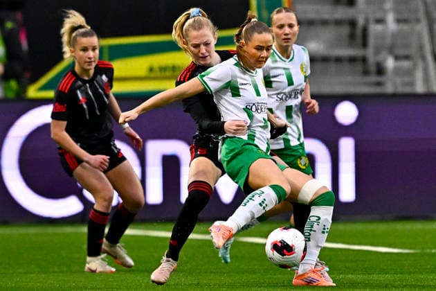 Sparta Prague s Tori Hansen and Hammarby s Svea Rehnberg during the UEFA Women s Europa Cup 2nd leg semi-final soccer match between Hammarby IF and AC Sparta Praha at 3Arena, in Stockholm, Sweden, on April 2, 2026. STOCKHOLM SWEDEN x10030x
