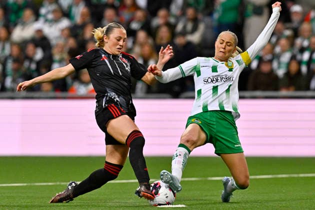 Sparta Prague s Elizabeth Ospeck and Hammarby s Alice Carlsson during the UEFA Women s Europa Cup 2nd leg semi-final soccer match between Hammarby IF and AC Sparta Praha at 3Arena, in Stockholm, Sweden, on April 2, 2026. STOCKHOLM SWEDEN x10030x