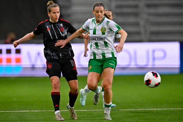 STOCKHOLM, SVERIGE 20260402 Sparta Prags Michaela Khyrova och Hammarbys Sofia Reidy under torsdagens semifinal i Europa Cup mellan Hammarby IF och AC Sparta Prag pa 3Arena. STOCKHOLM SVERIGE x10030x