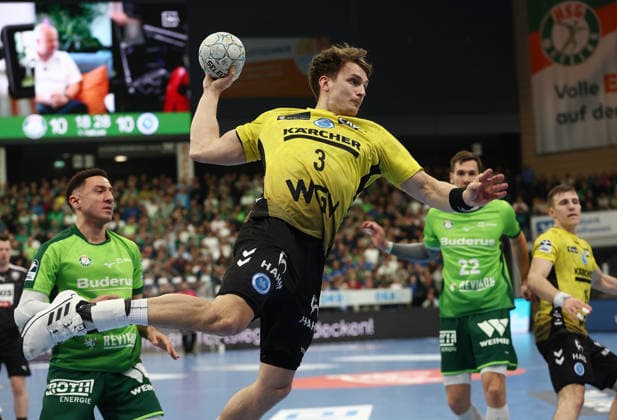 02.04.2026, xovx, Handball Daikin Handball Bundesliga, HSG Wetzlar - TVB Stuttgart v.l. Ahmet Nafea (HSG Wetzlar), Max Häfner (TVB Stuttgart), Jona Schoch (HSG Wetzlar), Simone Mengon (TVB Stuttgart) Wetzlar Buderus-Arena Hessen Deutschland (DE)