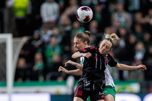 260402 Gudrun Arnardottir of Hammarby and Elizabeth Ospeck of Sparta Prague during the UEFA Women s Europa Cup semifinal between Hammarby and Sparta Prague on April 2, 2026 in Stockholm. Photo: Kenta Jönsson BILDBYRAN COP 210 KJ0331 fotboll football soccer fotball europa cup hammarby sparta prague uefa womens europa cup semifinal dam bbeng Copyright: KENTAxJÖNSSON BB260402KJ014