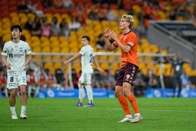 2nd April 2026; Suncorp Stadium, Brisbane, Queensland, Australia: A League Football, Brisbane Roar versus Sydney FC; Sam Klein of Brisbane Roar reacts after missing a chance to score NigelxOwen Content restricted for UK based newspaper