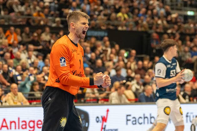 Christopher Rudeck (Bergischer HC 06, 01) bejubelt eine gelungene Abwehr. Bergischer HC vs. VfL Gummersbach, Handball, DAIKIN HBL, 27. Spieltag, Saison 2025 2026, 02.04.2026 Bergischer HC vs. VfL Gummersbach, Handball, DAIKIN HBL, 27. Spieltag, Saison 2025 2026, 02.04.2026 Duesseldorf Copyright: xEibner-Pressefoto ThomasxHaeslerx EP_THR