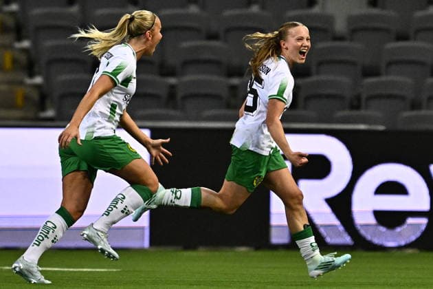 STOCKHOLM, SWEDEN 20260402 Hammarby s Fanny Peterson (right) celebrates with Stina Lennartsson after her 1-0 goal during the UEFA Women s Europa Cup 2nd leg semi-final soccer match between Hammarby IF and AC Sparta Praha at 3Arena, in Stockholm, Sweden, on April 2, 2026. STOCKHOLM SWEDEN x10030x