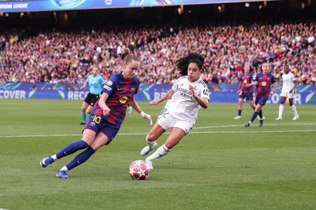 April 2, 2026, Barcelona, Barcelona, SPAIN: Caroline Graham Hansen of FC Barcelona, Barca and Yasmim Assis Ribeiro of Real Madrid CF in action during the UEFA WomenÃ¢â‚¬â ¢s Champions League 2025 26 Quarter-finals second Leg, football match played between FC Barcelona and Real Madrid CF at Spotify Camp Nou stadium on April 02, 2026 in Barcelona, Spain. FC Barcelona V Real Madrid CF - UEFA WomenÃ¢â‚¬â ¢S Champions League 2025 26 Quarter-Finals Second Leg  - ZUMAa181 20260402_zaa_a181_044 Copyright: xJavierxBorregox