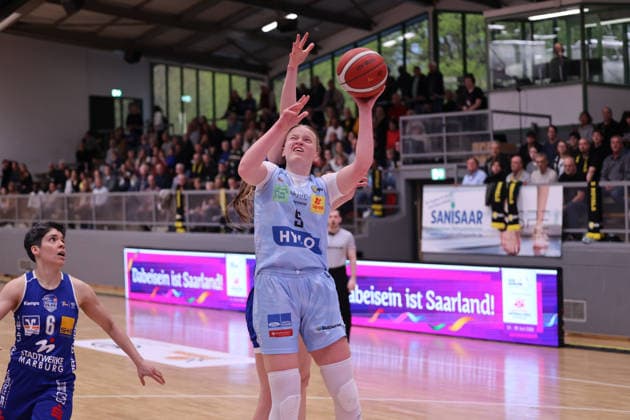 02.04.2026, Basketball, Frauen, Saison 2025 2026, Toyota Damen Basketball Bundesliga, Playoffs, Saarlouis Royals - Basketball-Club Marburg e.V., Emma Eichmeyer (Saarlouis Royals) Saarlouis Stadtgartenhalle Saarland Deutschland (DEU) Copyright: xSebastianxBachx