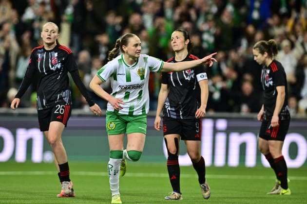 STOCKHOLM, SWEDEN 20260402 Hammarby s Vilde Hasund celebrates after winning 2-0 during Thursday s semi-final in the European Cup between Hammarby IF and AC Sparta Prague at 3Arena. STOCKHOLM SWEDEN x10030x