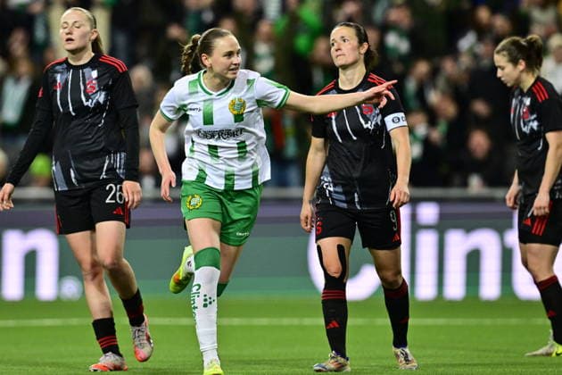 STOCKHOLM, SWEDEN 20260402 Hammarby s Vilde Hasund celebrates after scoring 2-0 in front of Sparta Prague s Denisa Rancova and Eva Bartonova during the UEFA Women s Europa Cup 2nd leg semi-final soccer match between Hammarby IF and AC Sparta Praha at 3Arena, in Stockholm, Sweden, on April 2, 2026. STOCKHOLM SWEDEN x10030x