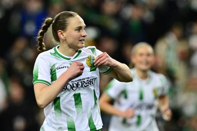 STOCKHOLM, SWEDEN 20260402 Hammarby s Vilde Hasund celebrates after winning 2-0 during Thursday s semi-final in the European Cup between Hammarby IF and AC Sparta Prague at 3Arena. STOCKHOLM SWEDEN x10030x
