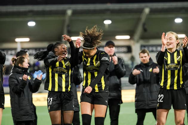 GOTHENBURG, SWEDEN 20260402 Häcken s Monica Jusu Bah and Felicia Schröder celebrate after Thursday s semi-final in the European Cup between BK Häcken and Eintracht Frankfurt at the Nordic Wellness arena (Hisingen Arena). GÖTEBORG SWEDEN x9200x