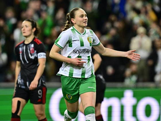 Hammarby s Vilde Hasund celebrates after scoring 2-0 during the UEFA Women s Europa Cup 2nd leg semi-final soccer match between Hammarby IF and AC Sparta Praha at 3Arena, in Stockholm, Sweden, on April 2, 2026. STOCKHOLM SWEDEN x10030x