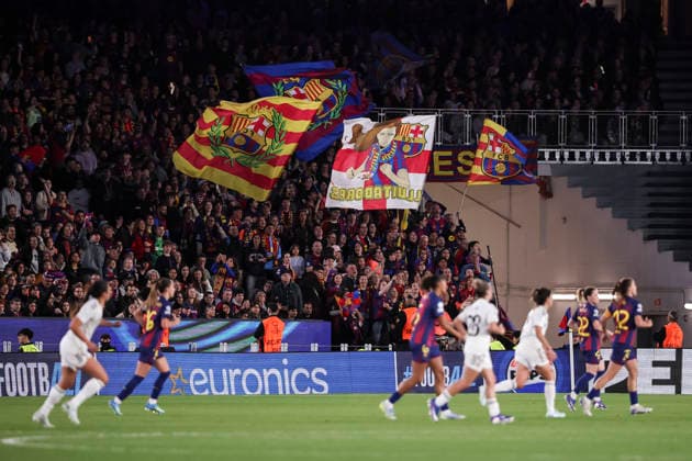 April 2, 2026, Barcelona, Barcelona, SPAIN: Supporters of FC Barcelona, Barca during the UEFA WomenÃ¢â‚¬â ¢s Champions League 2025 26 Quarter-finals second Leg, football match played between FC Barcelona and Real Madrid CF at Spotify Camp Nou stadium on April 02, 2026 in Barcelona, Spain. FC Barcelona V Real Madrid CF - UEFA WomenÃ¢â‚¬â ¢S Champions League 2025 26 Quarter-Finals Second Leg  - ZUMAa181 20260402_zaa_a181_107 Copyright: xJavierxBorregox
