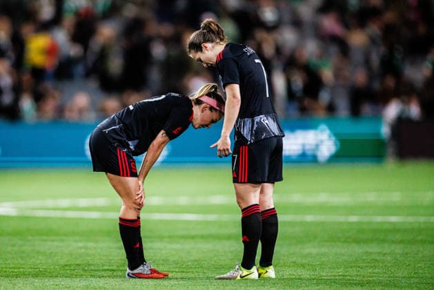260402 Franny Cerna and Antonie Starova of Sparta Prague looks dejected during the UEFA Women s Europa Cup semifinal between Hammarby and Sparta Prague on April 2, 2026 in Stockholm. Photo: Kenta Jönsson BILDBYRAN COP 210 KJ0331 fotboll football soccer fotball europa cup hammarby sparta prague uefa womens europa cup semifinal dam bbeng depp Copyright: KENTAxJÖNSSON BB260402KJ063