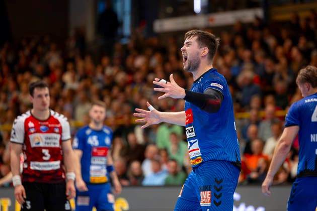 Rasmus Willette Houmoeller (Nr. 6, VfL Luebeck-Schwartau) freut sich jubelt. VfL Luebeck-Schwartau vs. HSG Nordhorn-Lingen, Handball, 2. Bundesliga, 02.04.26 Luebeck Schleswig-Holstein Germany Copyright: xAgentur54GradÂ°x xFelixxKoenigx