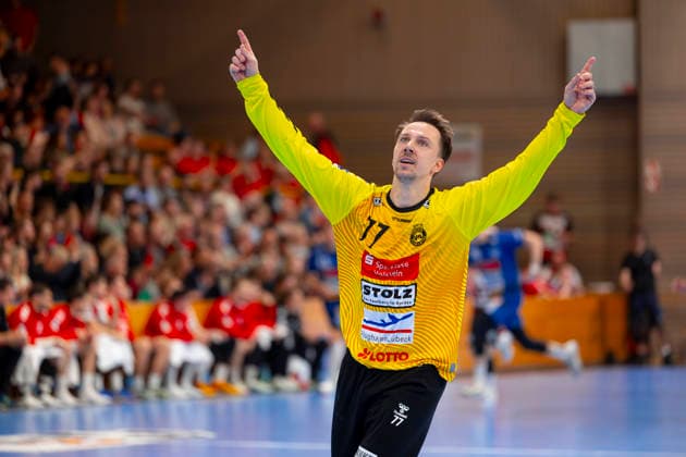 Mark Ferjan (Nr. 77, VfL Luebeck-Schwartau) freut sich jubelt. VfL Luebeck-Schwartau vs. HSG Nordhorn-Lingen, Handball, 2. Bundesliga, 02.04.26 Luebeck Schleswig-Holstein Germany Copyright: xAgentur54GradÂ°x xFelixxKoenigx