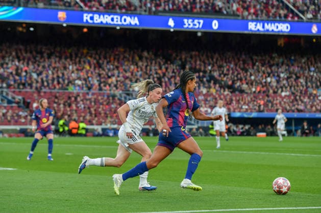 FC Barcelona, Barca v REAL MADRID CF SPOTIFY CAMP NOU. BARCELONA. April 2, 2026 FC BARCELONA vs REAL MADRID CF April 2, 2026 Esmee Brugts (24) of FC Barcelona during the soccer match corresponding to the quarter finals of the UEFA Women s Champions League between FC Barcelona and Newcastle United at Spotify Camp Nou in Barcelona, Spain. Barcelona ESP Copyright: xS.xRosx