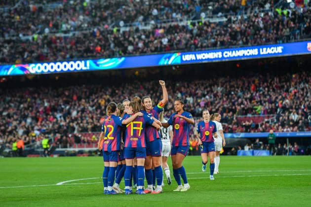 FC Barcelona, Barca v REAL MADRID CF SPOTIFY CAMP NOU. BARCELONA. April 2, 2026 FC BARCELONA vs REAL MADRID CF April 2, 2026 Caroline Graham (10) of FC Barcelona celebrates scoring his team s fifth goal with teammates during the soccer match corresponding to the quarter finals of the UEFA Women s Champions League between FC Barcelona and Newcastle United at Spotify Camp Nou in Barcelona, Spain. Barcelona ESP Copyright: xS.xRosx