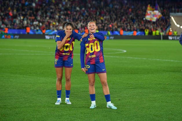 FC Barcelona, Barca v REAL MADRID CF SPOTIFY CAMP NOU. BARCELONA. April 2, 2026 FC BARCELONA vs REAL MADRID CF April 2, 2026 Sydney (6) of FC Barcelona and Judit Pujols (35) of FC Barcelona .Alexia celebrates her 500th match with FC Barcelona. Tribute at the end of the soccer match corresponding to the quarter finals of the UEFA Women s Champions League between FC Barcelona and Newcastle United at Spotify Camp Nou in Barcelona, Spain. Barcelona ESP Copyright: xS.xRosx