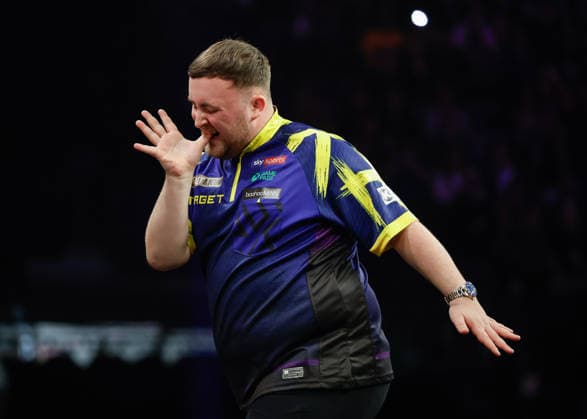 Manchester, England, 2nd April 2026. Luke Littler reacts during the Gian van Veen vs Luke Littler 2026 BetMGM Premier League match at AO Arena, Manchester. Picture credit should read: Cody Froggatt Sportimage EDITORIAL USE ONLY. No use with unauthorised audio, video, data, fixture lists, club league logos or live services. Online in-match use limited to 120 images, no video emulation. No use in betting, games or single club league player publications. SPI_080_CF_Manchester__Darts_Premier_League SPI-4665-0021