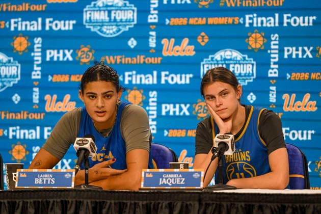 NCAA, College League, USA Final Four Basketball: Texas Longhorns at UCLA Bruins UCLA Bruins center Lauren Betts (51) and forward Gabriela Jaquez (11) addresses the media during a press conference, PK, Pressekonferenz at the Mortgage Matchup Center on April 2, 2026 in Phoenix, Arizona. (Thomas Fernandez Image of . Phoenix Arizona United States EDITORIAL USE ONLY Copyright: xImagexofxSportx ThomasxFernandezx iosphotos403657