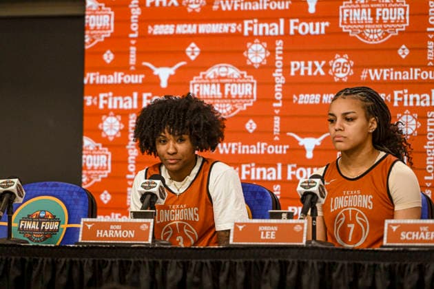 NCAA, College League, USA Final Four Basketball: Texas Longhorns at UCLA Bruins Texas Longhorns guard Rori Harmon (3), guard Jordan Lee (7) addresses the media during a press conference, PK, Pressekonferenz at the Mortgage Matchup Center on April 2, 2026 in Phoenix, Arizona. (Thomas Fernandez Image of . Phoenix Arizona United States EDITORIAL USE ONLY Copyright: xImagexofxSportx ThomasxFernandezx iosphotos403672