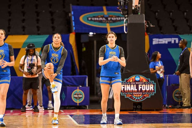 NCAA, College League, USA Final Four Basketball: Texas Longhorns at UCLA Bruins UCLA Bruins guard Kiki Rice (1) and forward Gabriela Jaquez (11) stretch during an open NCAA Final Four practice at the Mortgage Matchup Center on April 2, 2026 in Phoenix Arizona. (Thomas Fernandez Image of Phoenix Arizona United States EDITORIAL USE ONLY Copyright: xImagexofxSportx ThomasxFernandezx iosphotos403708