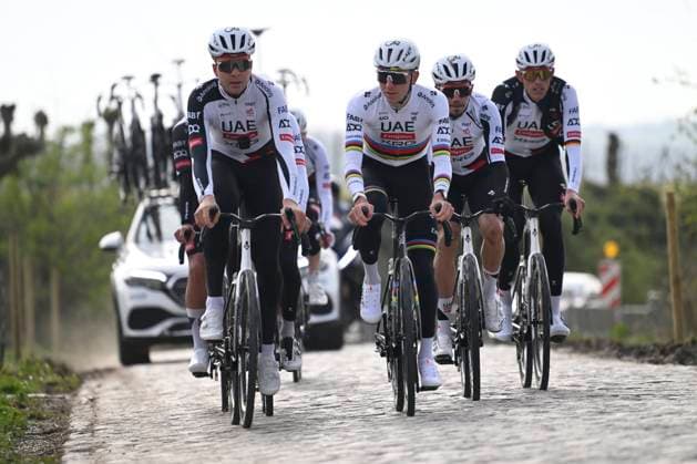 Ronde van Vlaanderen 2026 Cycling Race Media Activities 03 04 2026 OUDENAARDE, BELGIUM - APRIL 03 : Vermeersch Florian (BEL) of UAE Team Emirates XRG, Pogacar Tadej (SLO) of UAE Team Emirates XRG riding during a training and reconnaissance session ahead of the 110th edition of Ronde van Vlaanderen an UCI World Tour 1.UWT one day cycling road race for Men Elite of 271 km with start in Antwerpen and finish in Oudenaarde on April 3, 2026 in Oudenaarde, Belgium, 03 04 2026 ( Motordriver Guy De Vuyst - Oudenaarde Belgium  Copyright: xNicoxVereeckenx