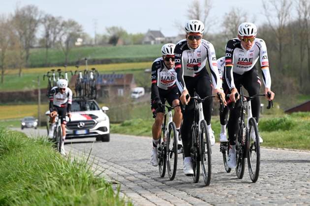 Ronde van Vlaanderen 2026 Cycling Race Media Activities 03 04 2026 OUDENAARDE, BELGIUM - APRIL 03 : Vermeersch Florian (BEL) of UAE Team Emirates XRG , Politt Nils (GER) of UAE Team Emirates XRG riding during a training and reconnaissance session ahead of the 110th edition of Ronde van Vlaanderen an UCI World Tour 1.UWT one day cycling road race for Men Elite of 271 km with start in Antwerpen and finish in Oudenaarde on April 3, 2026 in Oudenaarde, Belgium, 03 04 2026 ( Motordriver Guy De Vuyst - Oudenaarde Belgium  Copyright: xNicoxVereeckenx