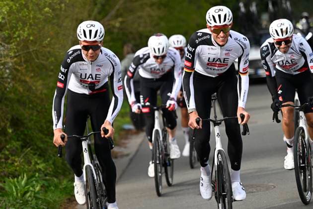 Ronde van Vlaanderen 2026 Cycling Race Media Activities 03 04 2026 OUDENAARDE, BELGIUM - APRIL 03 : Vermeersch Florian (BEL) of UAE Team Emirates XRG, Politt Nils (GER) of UAE Team Emirates XRG riding during a training and reconnaissance session ahead of the 110th edition of Ronde van Vlaanderen an UCI World Tour 1.UWT one day cycling road race for Men Elite of 271 km with start in Antwerpen and finish in Oudenaarde on April 3, 2026 in Oudenaarde, Belgium, 03 04 2026 ( Motordriver Guy De Vuyst - Oudenaarde Belgium  Copyright: xNicoxVereeckenx