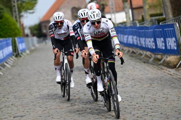 Ronde van Vlaanderen 2026 Cycling Race Media Activities 03 04 2026 OUDENAARDE, BELGIUM - APRIL 03 : Pogacar Tadej (SLO) of UAE Team Emirates XRG riding during a training and reconnaissance session ahead of the 110th edition of Ronde van Vlaanderen an UCI World Tour 1.UWT one day cycling road race for Men Elite of 271 km with start in Antwerpen and finish in Oudenaarde on April 3, 2026 in Oudenaarde, Belgium, 03 04 2026 ( Motordriver Guy De Vuyst - Oudenaarde Belgium  Copyright: xNicoxVereeckenx