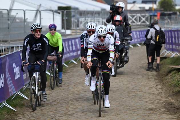 Ronde van Vlaanderen 2026 Cycling Race Media Activities 03 04 2026 OUDENAARDE, BELGIUM - APRIL 03 : Pogacar Tadej (SLO) of UAE Team Emirates XRG riding during a training and reconnaissance session ahead of the 110th edition of Ronde van Vlaanderen an UCI World Tour 1.UWT one day cycling road race for Men Elite of 271 km with start in Antwerpen and finish in Oudenaarde on April 3, 2026 in Oudenaarde, Belgium, 03 04 2026 ( Motordriver Guy De Vuyst - Oudenaarde Belgium  Copyright: xNicoxVereeckenx