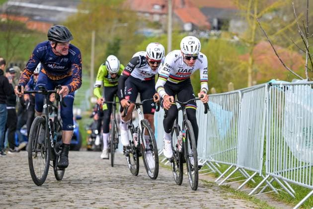 Colombian Juan Sebastian Molano of UAE Team Emirates-XRG and Slovenian Tadej Pogacar of UAE Team Emirates-XRG pictured in action during pictured at a track reconaissance ahead of the Ronde van Vlaanderen Tour des Flandres Tour of Flanders cycling race, Friday 03 April 2026. The 110th edition of the cycling race will take place on Sunday 05 April. DAVIDxPINTENS  x169668324x