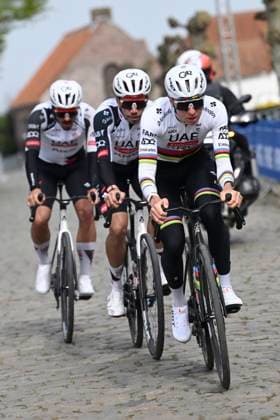 Ronde van Vlaanderen 2026 Cycling Race Media Activities 03 04 2026 OUDENAARDE, BELGIUM - APRIL 03 : Pogacar Tadej (SLO) of UAE Team Emirates XRG, Morgado Antonio (POR) of UAE Team Emirates XRG and Oliveira Rui (POR) of UAE Team Emirates XRG on the Kwaremont climb during a training and reconnaissance session ahead of the 110th edition of Ronde van Vlaanderen an UCI World Tour 1.UWT one day cycling road race for Men Elite of 271 km with start in Antwerpen and finish in Oudenaarde on April 3, 2026 in Oudenaarde, Belgium, 03 04 2026 ( Motordriver Guy De Vuyst - Oudenaarde Belgium  Copyright: xNicoxVereeckenx