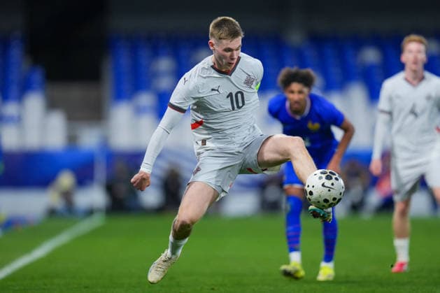 AUXERRE, FRANCE - MARCH 30: Gisli Thordarson of Iceland controls the ball during the European Qualifers U21, U 21 football match between France and Iceland on 30th March 2026 in Auxerre, France. Franco Arland (Franco Arland SPP)  Copyright: xFrancoxArlandx xSPPx Sportspressphoto_SPR124069